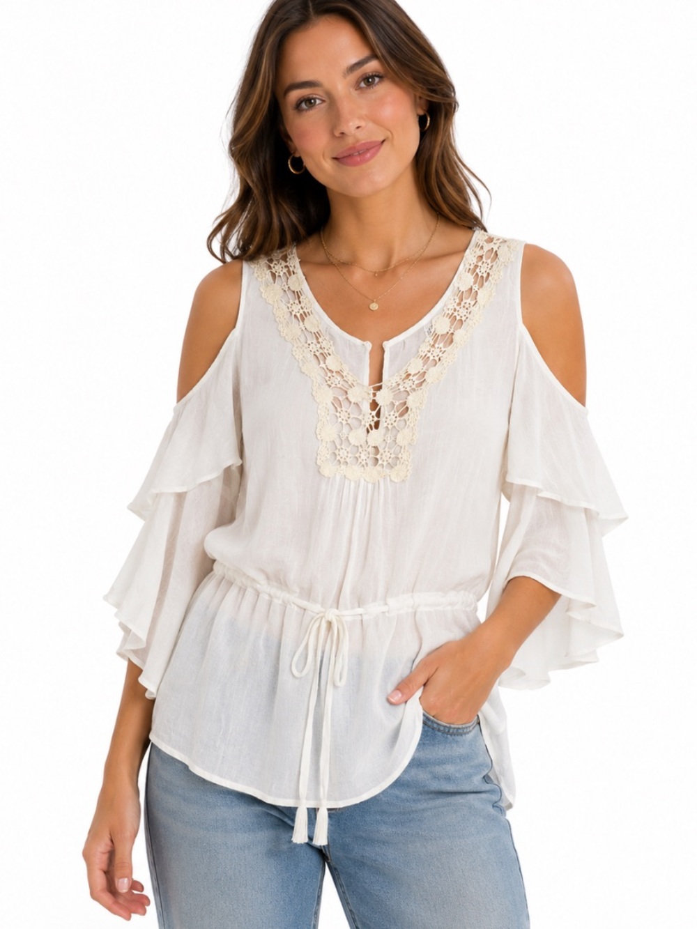 YA Los Angeles Cream Crochet Boho Peasant Cold Shoulder Tiered Sleeve Blouse M